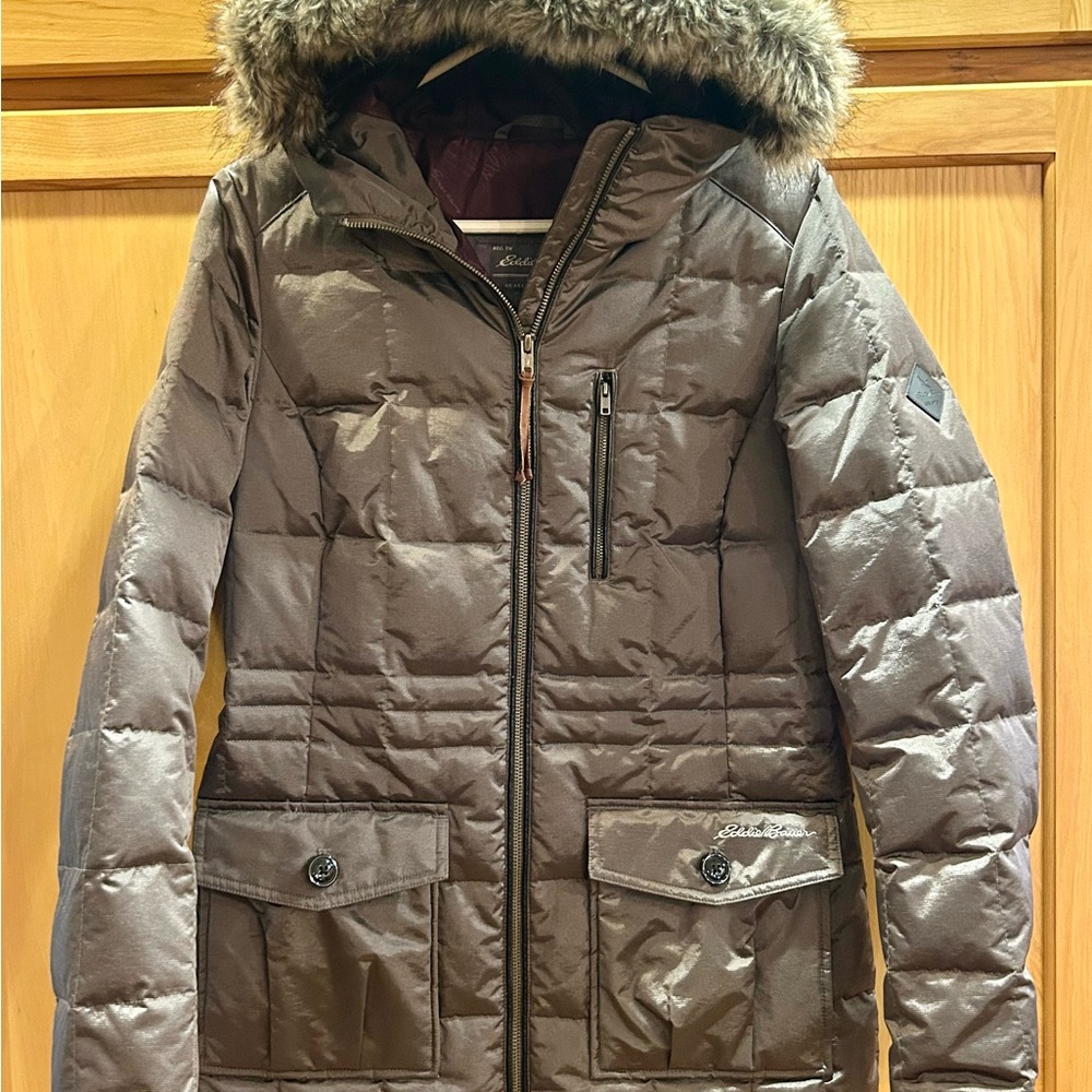 Eddie Bauer Brownish/Gray Puffer Jacket with Faux Fur Hood - Picture 2 of 12